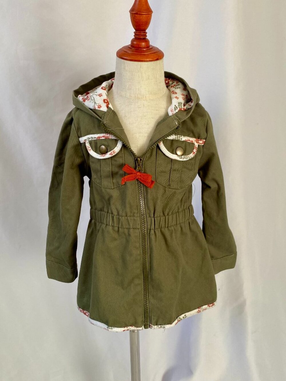 Little Lass Girls Size 4 Olive Green Hooded Utility Jacket Floral Trim